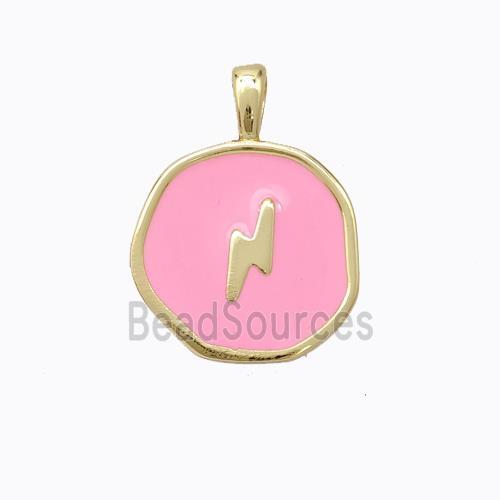 Copper Lightning Pendant Pink Enamel Circle Gold Plated