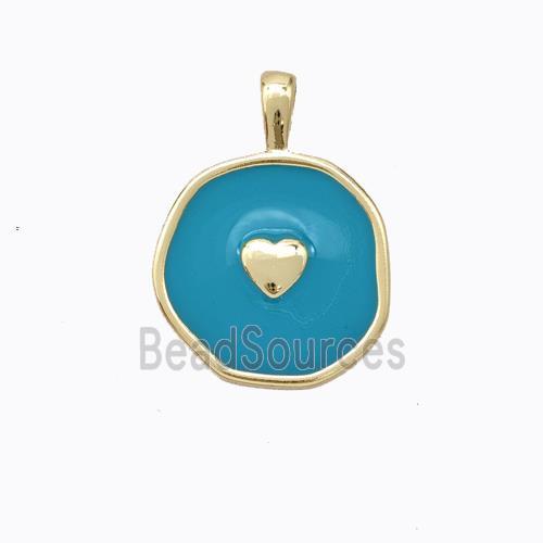 Copper Heart Pendant Teal Enamel Circle Gold Plated