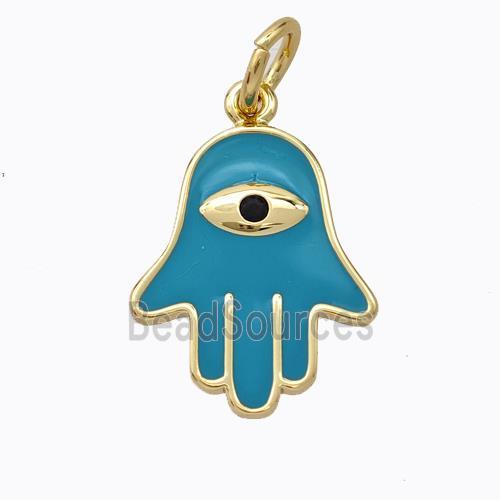 Copper Hamsahand Pendant Teal Enamel Eye Gold Plated