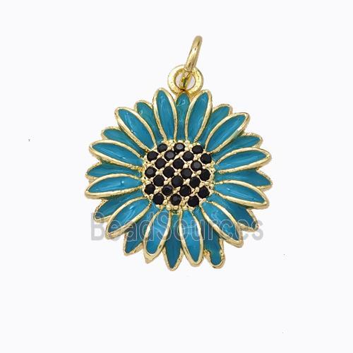 Copper Sunflower Pendant Teal Enamel Gold Plated