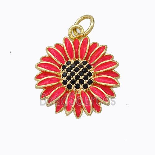 Copper Sunflower Pendant Red Enamel Gold Plated