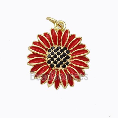 Copper Sunflower Pendant Red Enamel Gold Plated