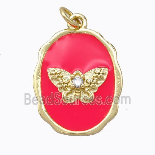 Copper Butterfly Pendant Pave Zirconia Red Enamel Oval Gold Plated