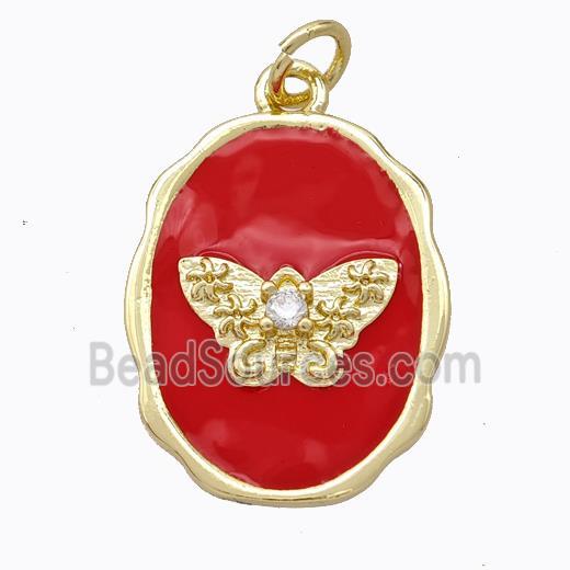 Copper Butterfly Pendant Pave Zirconia Red Enamel Oval Gold Plated