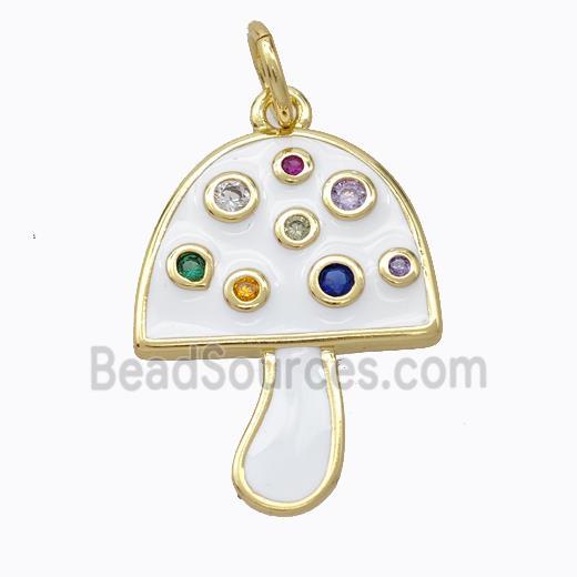 Copper Mushroom Pendant Micro Pave Zirconia White Enamel Gold Plated