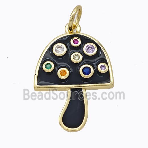 Copper Mushroom Pendant Micro Pave Zirconia Black Enamel Gold Plated