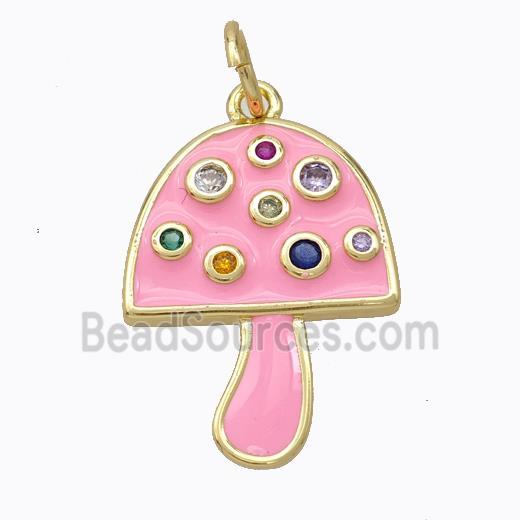 Copper Mushroom Pendant Micro Pave Zirconia Pink Enamel Gold Plated