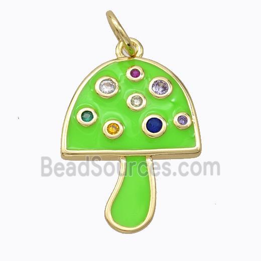 Copper Mushroom Pendant Micro Pave Zirconia Green Enamel Gold Plated