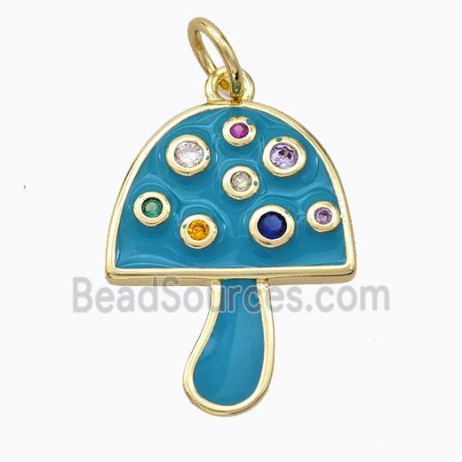 Copper Mushroom Pendant Micro Pave Zirconia Teal Enamel Gold Plated