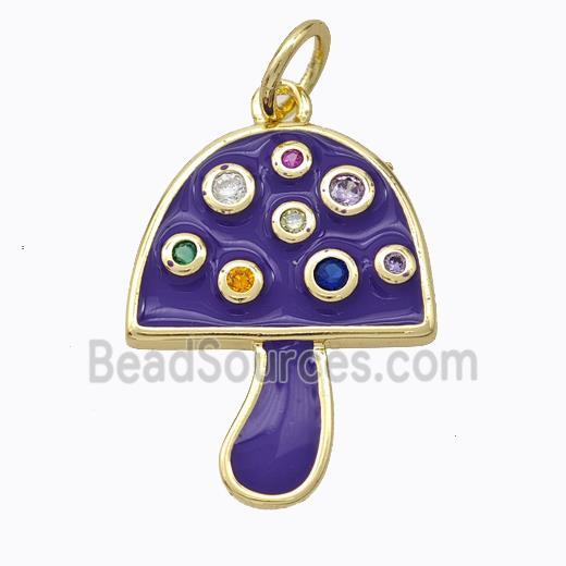 Copper Mushroom Pendant Micro Pave Zirconia Purple Enamel Gold Plated