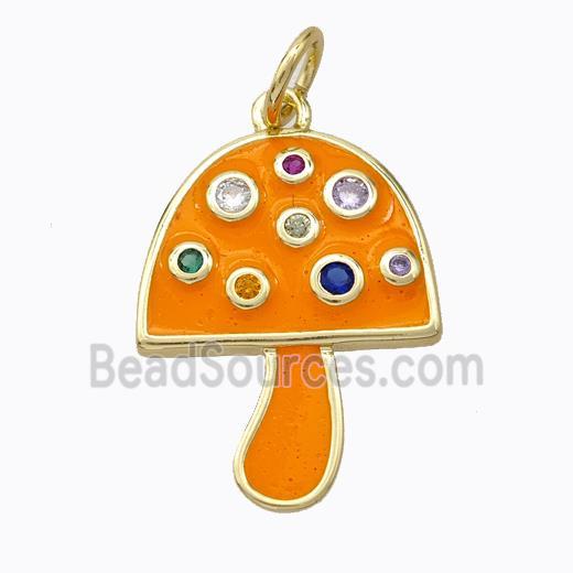 Copper Mushroom Pendant Micro Pave Zirconia Orange Enamel Gold Plated