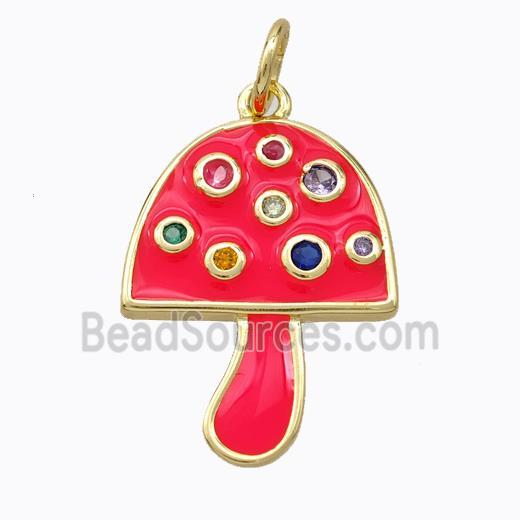 Copper Mushroom Pendant Micro Pave Zirconia Red Enamel Gold Plated