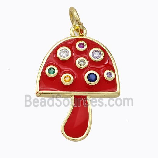 Copper Mushroom Pendant Micro Pave Zirconia Red Enamel Gold Plated