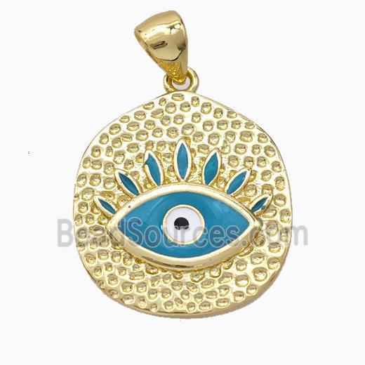 Copper Eye Pendant Teal Enamel Circle Gold Plated