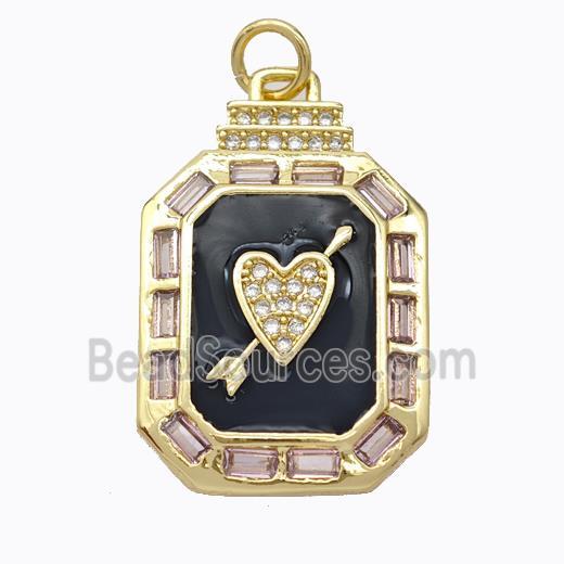 Cupid Arrow Heart Charms Copper Pendant Pave Zirconia Black Enamel Rectangle Gold Plated