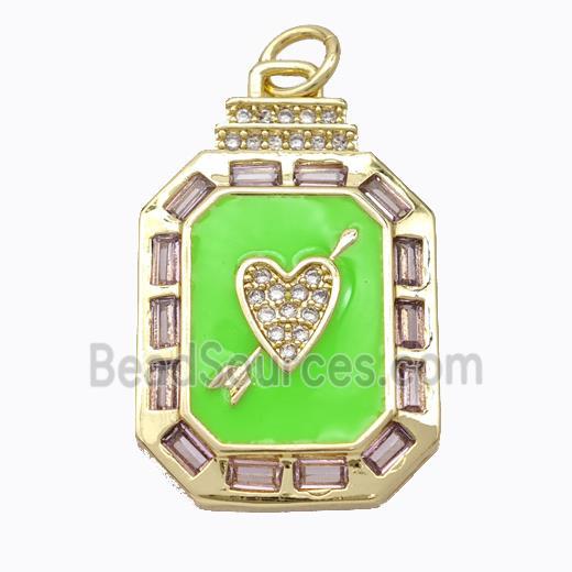 Cupid Arrow Heart Charms Copper Pendant Pave Zirconia Green Enamel Rectangle Gold Plated