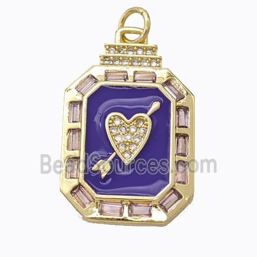 Cupid Arrow Heart Charms Copper Pendant Pave Zirconia Purple Enamel Rectangle Gold Plated