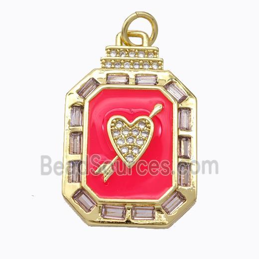 Cupid Arrow Heart Charms Copper Pendant Pave Zirconia Red Enamel Rectangle Gold Plated