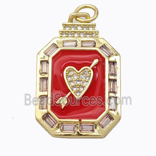 Cupid Arrow Heart Charms Copper Pendant Pave Zirconia Red Enamel Rectangle Gold Plated