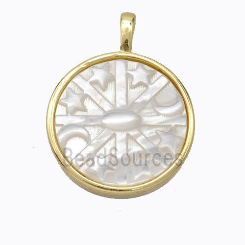 Copper Circle Pendant Pave Shell Moon Star Gold Plated