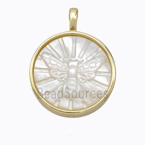 Copper Circle Pendant Pave Shell Butterfly Gold Plated