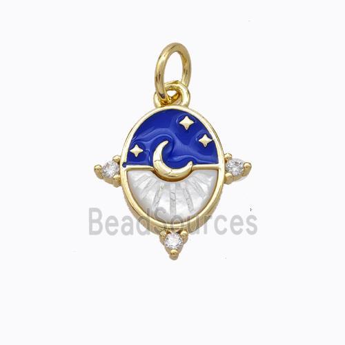 Copper Moon Pendant Pave Shell Blue Enamel Star Gold Plated