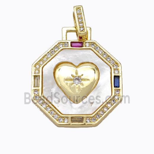 Copper Octagon Pendant Pave Zirconia Shell Heart Gold Plated