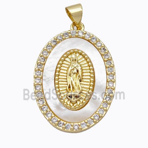 Jesus Charms Copper Oval Pendant Pave Shell Zirconia Gold Plated