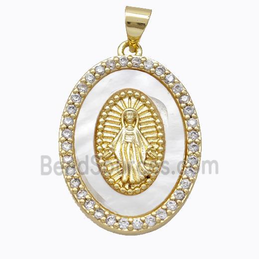 Virgin Mary Charms Copper Oval Pendant Pave Shell Zirconia Gold Plated