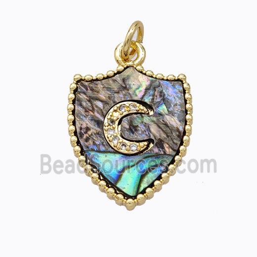 Copper Shield Pendant Pave Abalone Shell Zirconia Moon Gold Plated