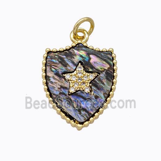 Copper Shield Pendant Pave Abalone Shell Zirconia Star Gold Plated