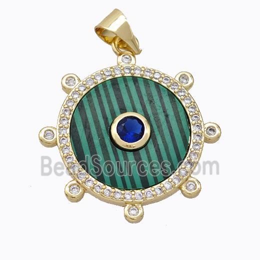 Copper Circle Pendant Pave Malachite Zirconia Gold Plated