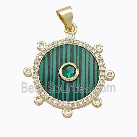 Copper Circle Pendant Pave Malachite Zirconia Gold Plated