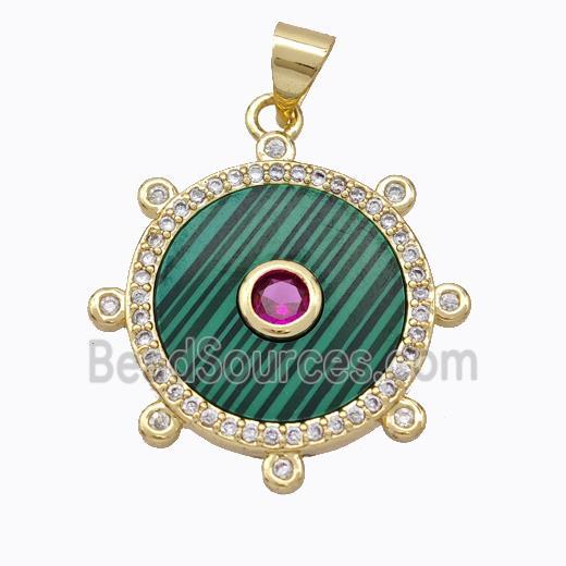 Copper Circle Pendant Pave Malachite Zirconia Gold Plated