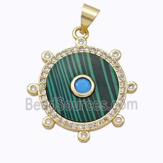 Copper Circle Pendant Pave Malachite Zirconia Gold Plated