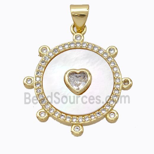 Copper Circle Pendant Pave Shell Heart Zirconia Gold Plated