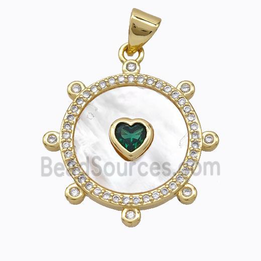 Copper Circle Pendant Pave Shell Heart Zirconia Gold Plated