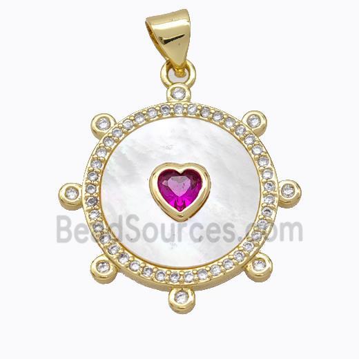 Copper Circle Pendant Pave Shell Heart Zirconia Gold Plated