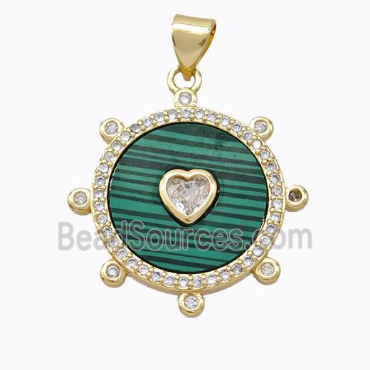 Copper Circle Pendant Pave Malachite Heart Zirconia Gold Plated