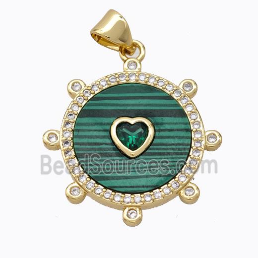 Copper Circle Pendant Pave Malachite Heart Zirconia Gold Plated