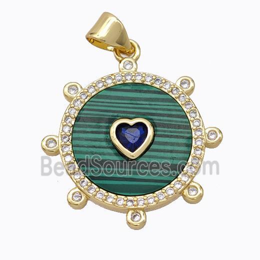 Copper Circle Pendant Pave Malachite Heart Zirconia Gold Plated