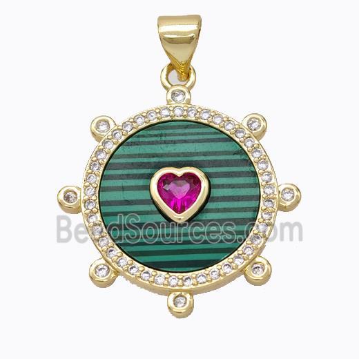 Copper Circle Pendant Pave Malachite Heart Zirconia Gold Plated