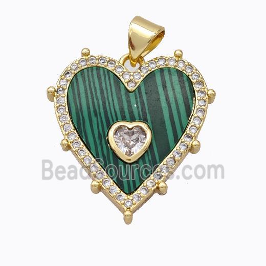 Copper Heart Pendant Pave Malachite Zirconia Gold Plated