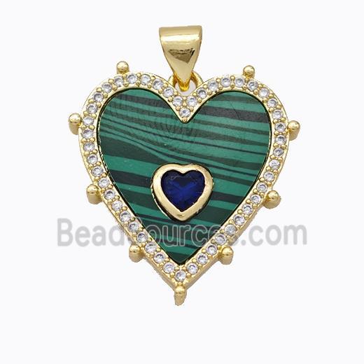 Copper Heart Pendant Pave Malachite Zirconia Gold Plated