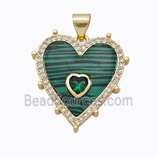 Copper Heart Pendant Pave Malachite Zirconia Gold Plated