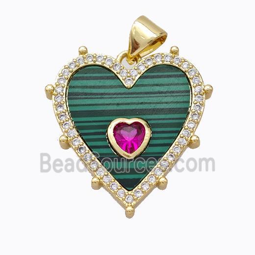 Copper Heart Pendant Pave Malachite Zirconia Gold Plated