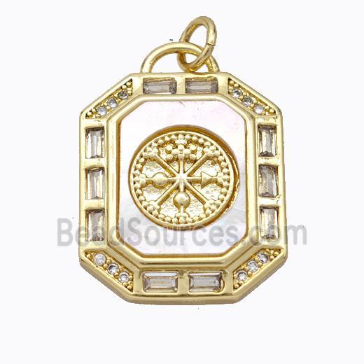 Copper Octagon Pendant Pave Shell Zirconia Compass Gold Plated