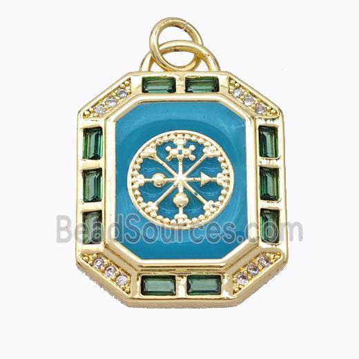 Copper Octagon Pendant Pave Zirconia Teal Enamel Compass Gold Plated