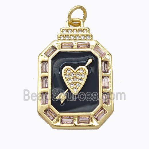 Copper Octagon Pendant Pave Zirconia Black Enamel Cupid Arrow Heart Gold Plated