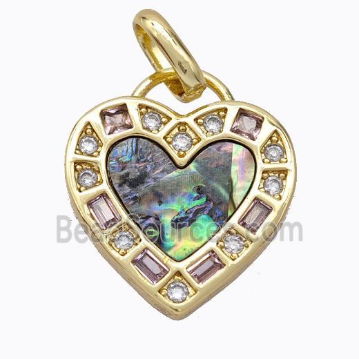 Copper Heart Pendant Pave Abalone Shell Zirconia Gold Plated